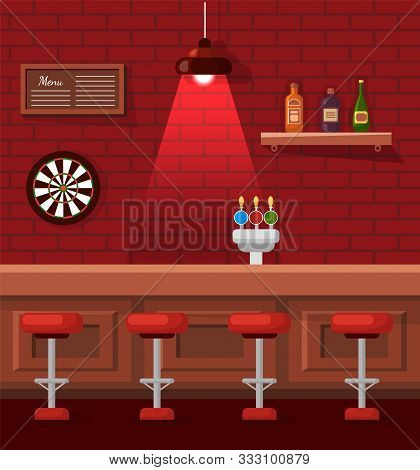 Pub Or Bar Empty Place For Fun Vector, Table And Barstools. Dartboard On Brick Wall, Atmospheric Red