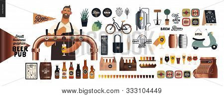 Brewery, Craft Beer Pub -small Business Graphics -male Visitor At The Bar Countera Bartender-modern 
