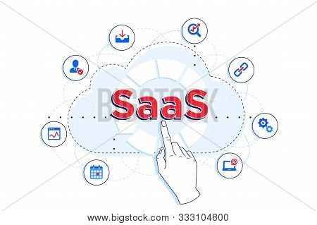 Saas And Ipaas Linear Illustration. Client Using Saas For Different Purposes - Storage, Statistics, 