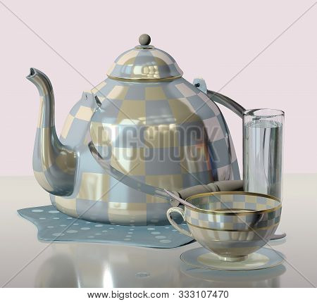 3d Illustration Of China Checkered Teakettle Glass Green Apple On Glass Table In Pink Room With Day 