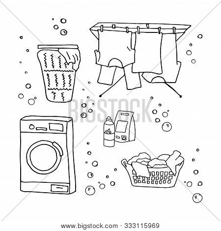 Laundry Doodle Set, Washing Clothes, Washing Machine, Laundry Detergent, Laundry Basket, Clothes Dry