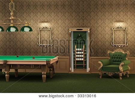 Billiards. Pool Table And Furniture In Luxurious Interior. Empty Frames On The Wall And Armchair In