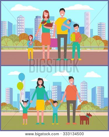 People Walking In Park Vector, Family With Kids Strolling Together. Weekends Of Mother And Father, N