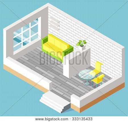 Interior Of Living Room With New Relocation Of Furniture, Brick Walls In Apartment. Sofa Near Window