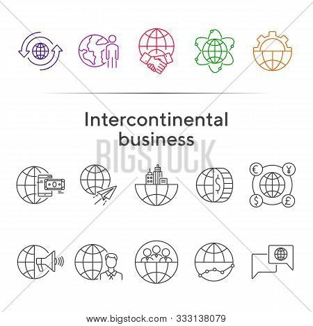 Intercontinental Business Line Icon Set. Partnership, Gear, Mobile Payment, World. Business Concept.