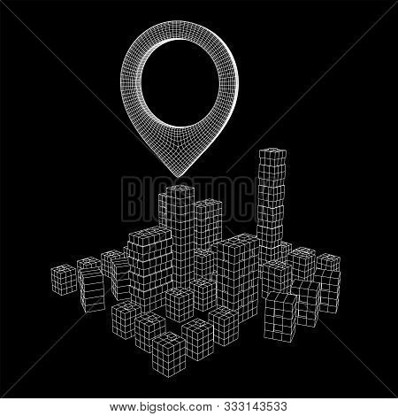 Geo Map Pin On Mesh Low Poly Wireframe Cubes Array Like Skyscraper City. Connected Lines Town. Conne