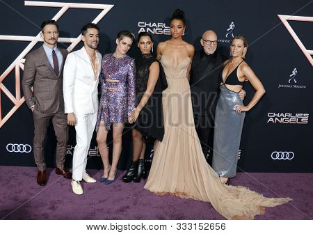 Luis Gerardo Mendez, Jonathan Tucker, Patrick Stewart, Elizabeth Banks, Ella Balinska, Kristen Stewart and Naomi Scott at the premiere of 'Charlie's Angels' held in Westwood, USA on November 11, 2019.