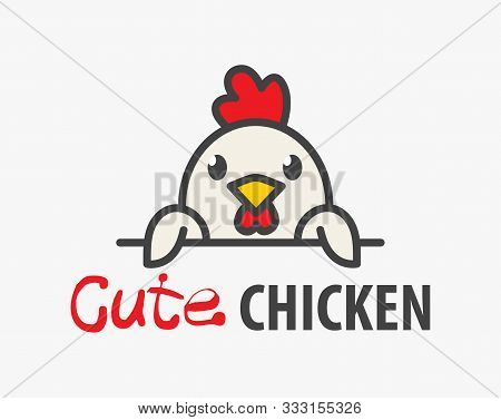 Vector Logo Of сute Funny Smiling Cartoon Chicken. Modern Humorous Logo Template With Image Of The R