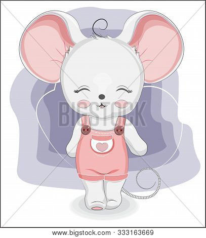 Little Beautiful Mouse Girl Walks In Pink Denim Short Jeans. Picture In Hand Drawing Cartoon Style, 
