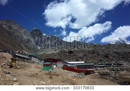 Sagarmatha national park, Lobuche, Nepal - May 22, 2019: Everest trek, Guest houses of Lobuche (4910 m) in Himalayas mountains