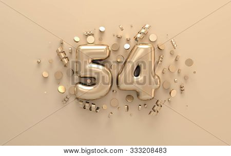 Golden 3d Number 54 With Festive Confetti And Spiral Ribbons. Poster Template For Celebrating 54 Ani