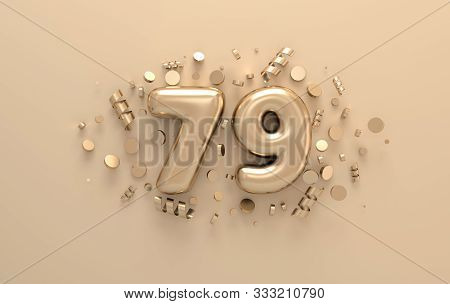 Golden 3d Number 79 With Festive Confetti And Spiral Ribbons. Poster Template For Celebrating 79 Ani