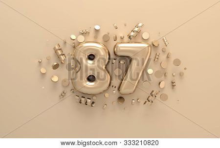 Golden 3d Number 87 With Festive Confetti And Spiral Ribbons. Poster Template For Celebrating 87 Ani