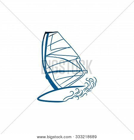 Windsurfing And Windsurfer On Waves, Hand Drawn Sketch,