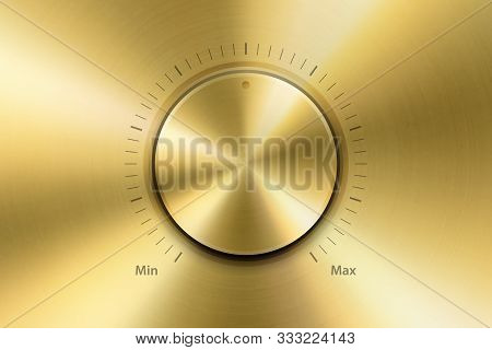 Vector Realistic Metallic Golden Knob. Design Template Of Metal Gold Textured Circle Button Closeup.