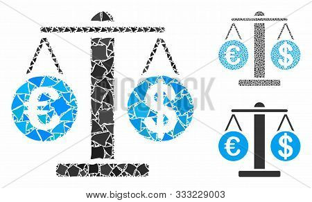 Euro And Dollar Scales Mosaic Of Uneven Parts In Different Sizes And Color Tints, Based On Euro And 