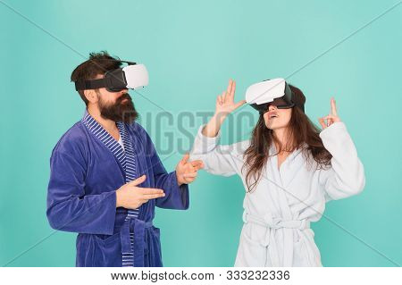 Family Couple Wear Vr Glasses. Girl And Man Hipster Relax In Bathrobe. Morning Start With Future Tec