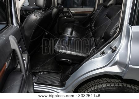 Novosibirsk, Russia - October 10, 2019:  Mitsubishi Pajero , Leather Interior Design, Car Passenger 