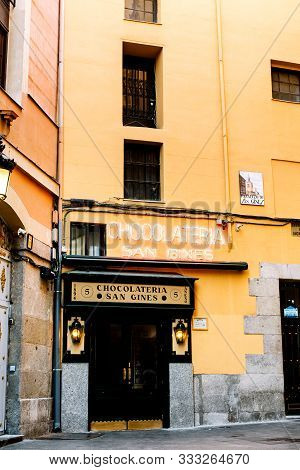 Madrid, Spain - July 14th, 2016: Exterior Of The San Gines Chocolateria In Madrid Where Famous Churr