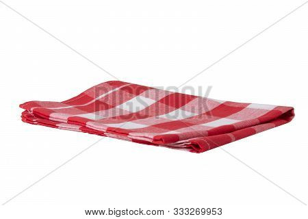 Red And White Checkered Napkin Isolated On White Background. Kittchen Accessories.