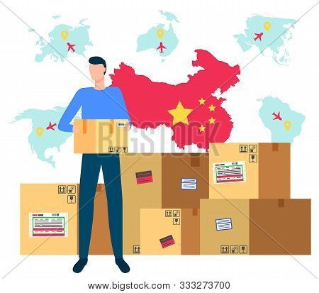 Partnership With Asian Country Vector, Man Holding Package, Box With Labels And Tapes. Chinese Borde