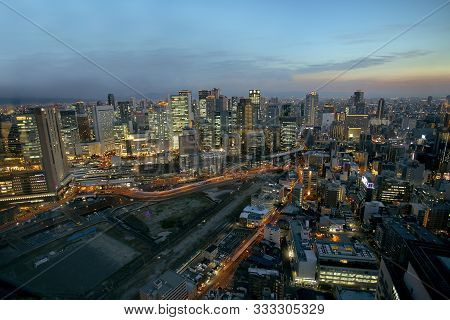 Beautiful Sceneic Of Osaka City Skyline At Dusk