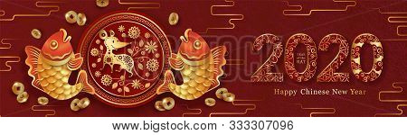 2020 Chinese New Year Of The Rat Design. Red And Gold Festive Background With Carp Fish, Rat, Tradit