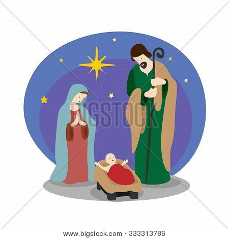 Nightly Christmas Scenery Mary And Joseph In A Manger With Baby Jesus And Star Light In Night Time ,