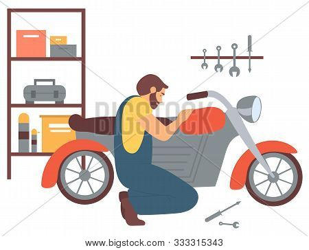 Man At Mechanics Shop Vector, Person Fixing Motorcycle, Hobby Of Male In Garage With Tools. Person T