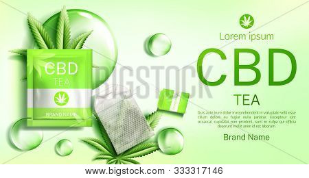 Cbd Tea Bag Package Mock Up Banner. Teabag With Cannabis Leaves Organic Herbs Beverage Advertising M