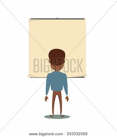 Black African American Man Is Looking At The Empty Poster On Wall - Back View. Stock Flat Vector Ill