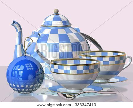 3d Illustration Of China Checkered Teakettle Porcelain Tea Cup Spoon Christmas Toy On Glass Table In