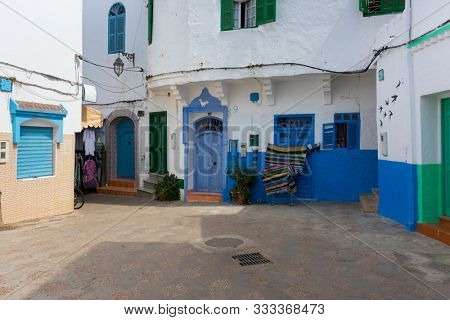 Asilah, Morocco-September 10, 2019: Old colorful street view in the medina of Asilah, Morocco