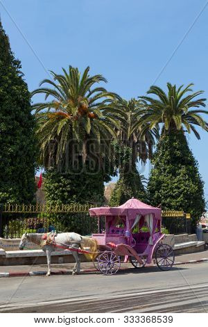 Asilah, Morocco-September 10, 2019: Horse carriage in the village Asilah waiting for customers, Morocco