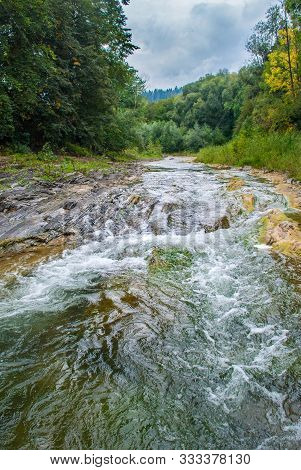 Mountain River Flowing Through The Green Forest