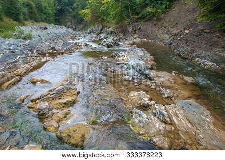 Mountain River Flowing Through The Green Forest