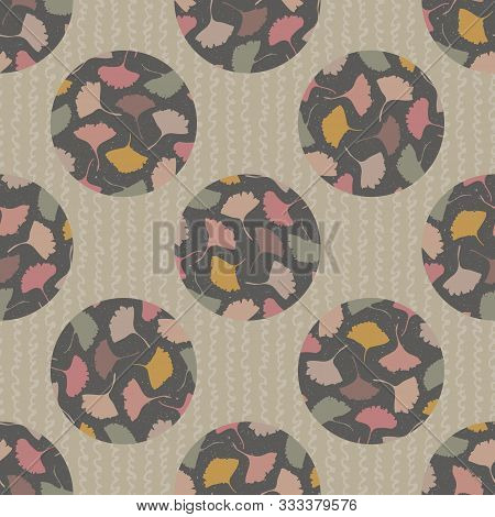 Textured Gingko Leaf Polka Dot Seamless Pattern. Japanese Circle Style Homespun Textile Background. 