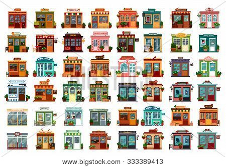 Set Of Isolated Shop Facade Or Store Buildings. Beauty Salon, Wine, Tea, Pizzeria, Burger, Flower, B