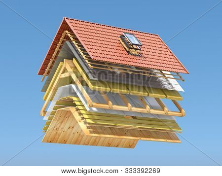 Roof cover in layers. Cross section and  technical details of  house roof. Ceramic tiles, different layers of insulation and wooden planks. 3d illustration