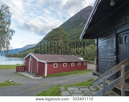 View Of Classical Norwegian Camping Site Bravoll With Traditional Wooden Cottages Cabins At Kinsarvi