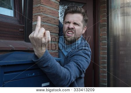 Male Neighbor Showing Fuck You Gesture , Yelling Standing Near Door.