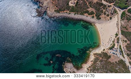 Aerial. View From The Sky Of The Beach Of Ingrina Villa To Bishpo. Portugal Algarve