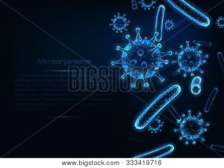 Futuristic Immunology Web Banner With Glowing Low Polygonal Virus And Bacteria Cells.