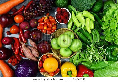Mixed Vegetables And Fruits Background Healthy Food Clean Eating For Health / Assorted Fresh Ripe Fr