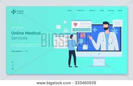 Online Medical Service, Monitor Of Computer With Portrait View Of Doctor, Screen Of Cardiogram, Diag