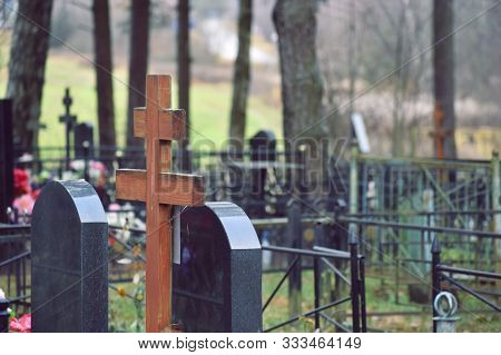 Gravestones And Funeral Posts. Christian Russian Cemetery.