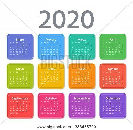 Spanish Calendar 2020 Year. Week Starts Monday. Vector Illustration. Spain Calender Template. Yearly