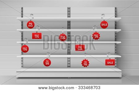 White Empty Retail Department Shelves With Red Wobblers. Vector Realistic Mockup Of Supermarket Show