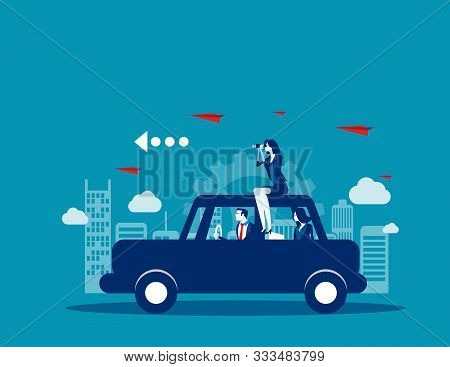 Business Team Travel On With Car. Concept Business Vector, Transportation, Travel, Technology.