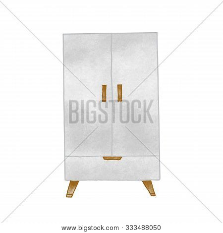 Vintage Cupboard Hand Drawn Vector Illustration. Kitchen Furnishing, Home Interior Item. Wooden Lock